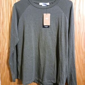 Mango Basics Moss Green Organic Cotton L/ S T-Shirt Women's Size Sm